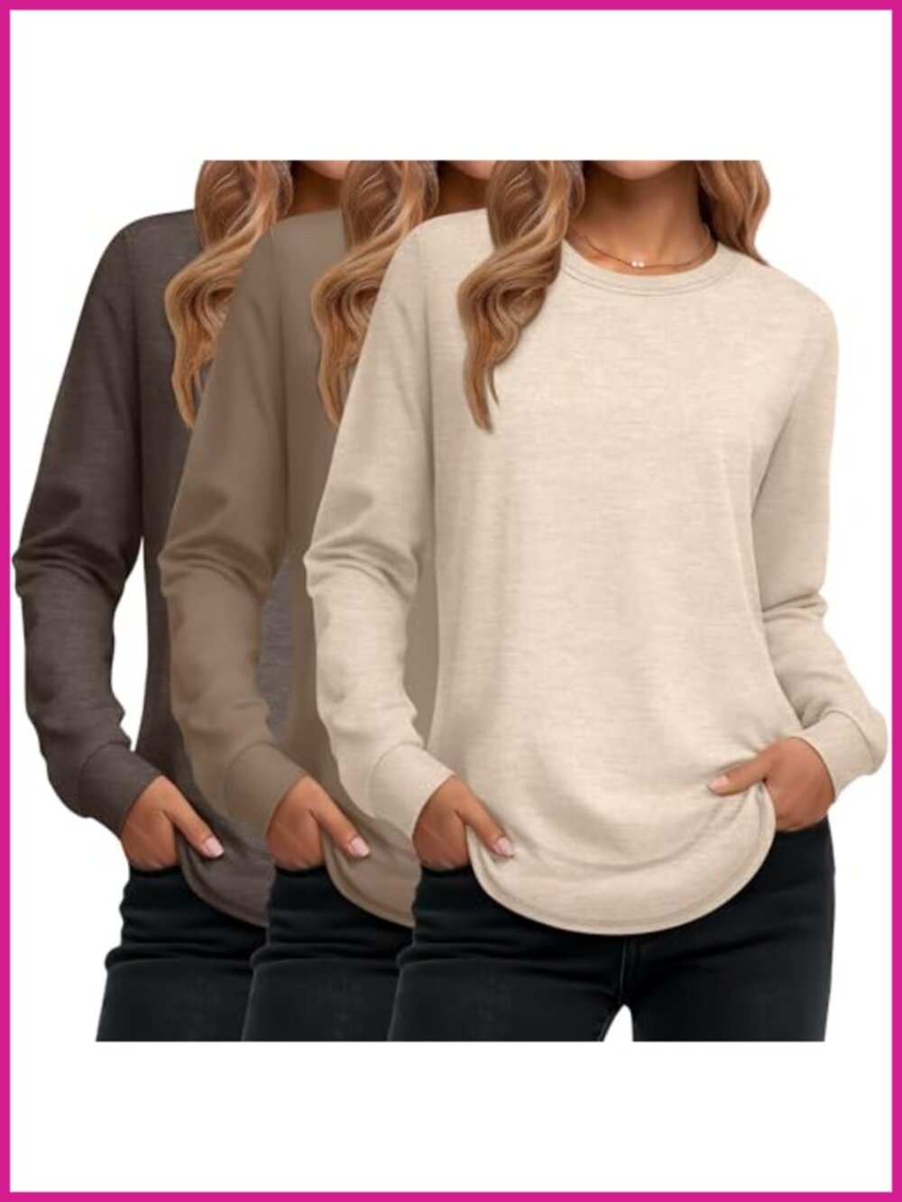 3 Pack Women's Long Sleeve Cotton Tunic Sweatshirts Loose Fit Crewneck